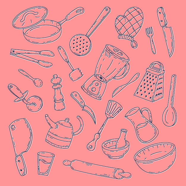 Бесплатное векторное изображение Нарисованная рукой концепция собрания инструментов еды