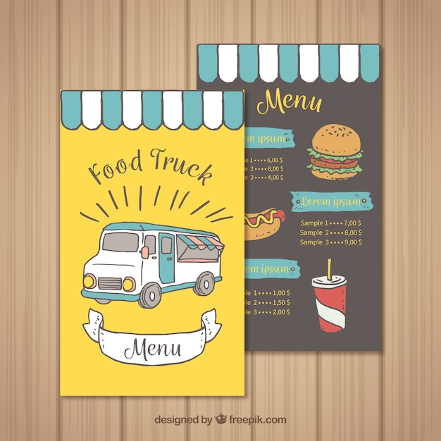 Menu di camion degli alimenti disegnati a mano con stile divertente