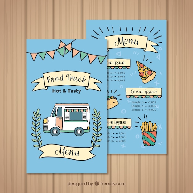 Hand drawn food truck menu with pizza