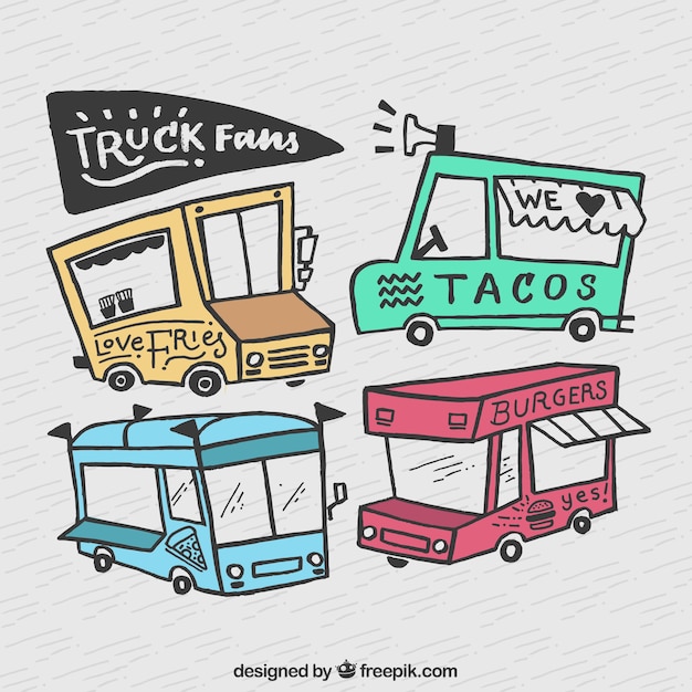 Free vector hand drawn food trucks with fun style