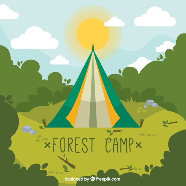 Hand drawn forest camp in green tones