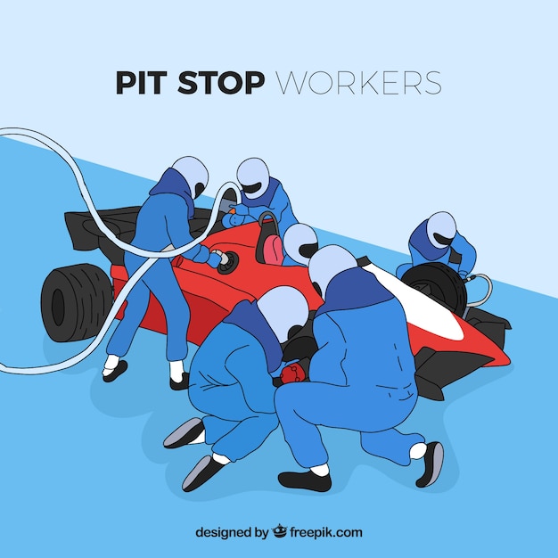 Vettore gratuito lavoratori disegnati a mano con formula pit stop