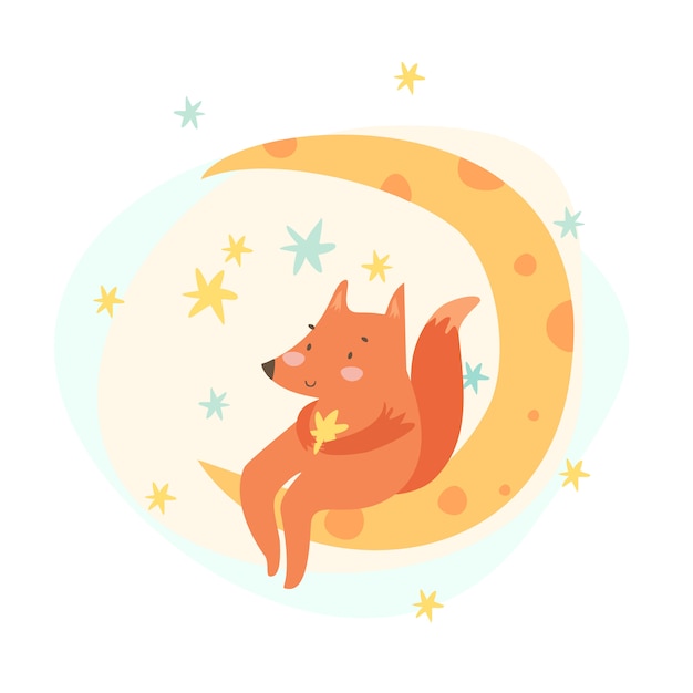 hand drawn fox is sitting on the moon