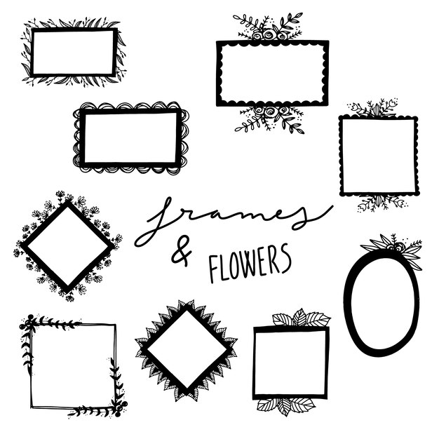 Hand drawn frames and flowers collection