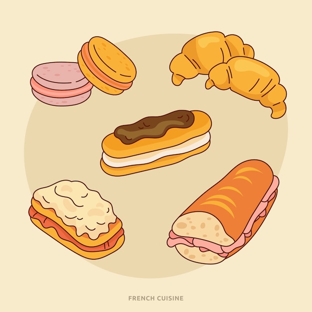 Vettore gratuito illustrazione della cucina francese disegnata a mano