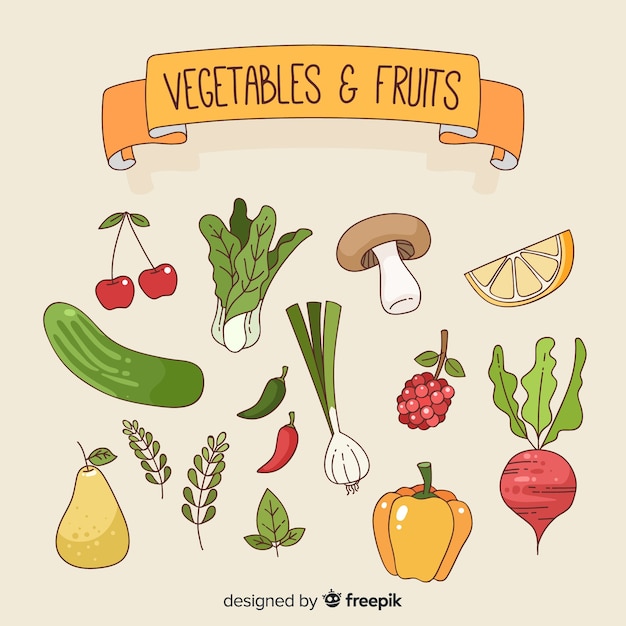 Vettore gratuito sfondo di frutta e verdura fresca disegnata a mano