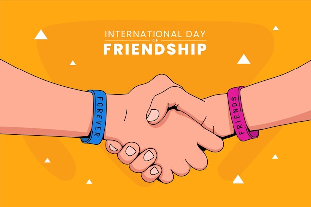 Нарисованный рукой фон дня дружбы с друзьями, пожимающими друг другу руки