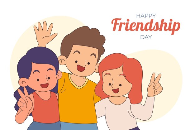 Hand drawn friendship day background with friends showing peace signs and waving