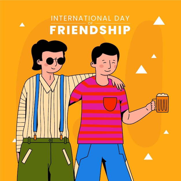 Hand drawn friendship day illustration with friends holding pint of beer