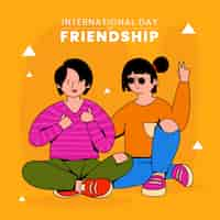 Free vector hand drawn friendship day illustration with friends showing peace sign and thumbs up