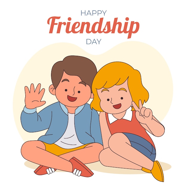 Hand drawn friendship day illustration with friends waving and showing peace sign