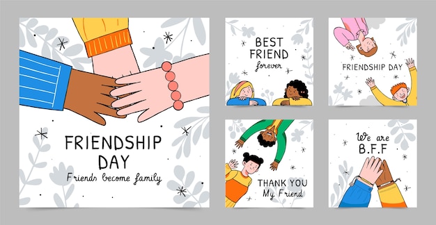 Free vector hand drawn friendship day instagram posts collection