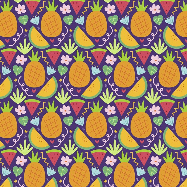 무료 벡터 손으로 그린 과일과 꽃 패턴 디자인