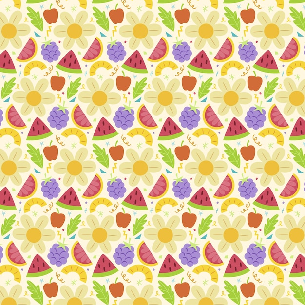 무료 벡터 손으로 그린 과일과 꽃 패턴 디자인