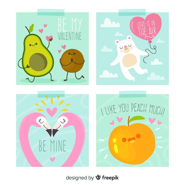 Free vector hand drawn fruit and animals valentine card collection