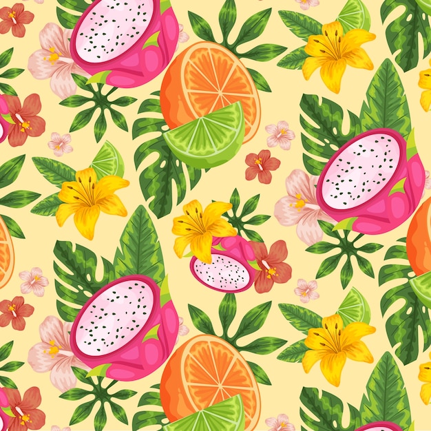Hand drawn fruit and floral pattern illustration