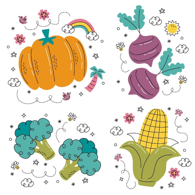 Бесплатное векторное изображение Нарисованные от руки фрукты и овощи наклейки