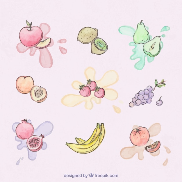 Free vector hand drawn fruits with watercolor splashes