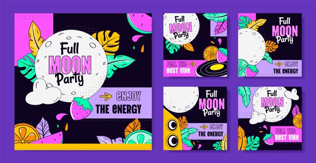 Hand drawn full moon party instagram posts