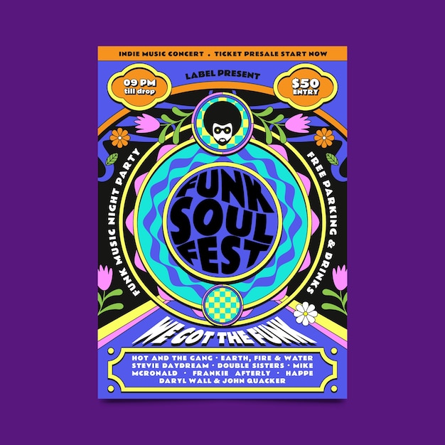 Hand drawn funk and soul music poster template