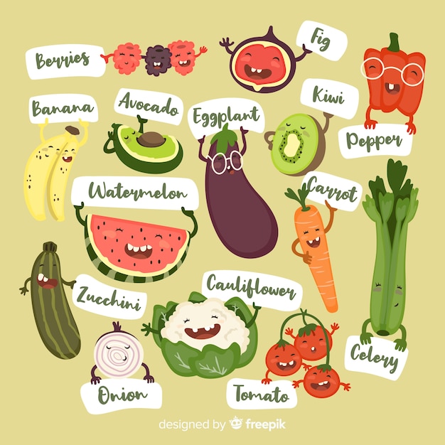 Hand drawn funny fruit and vegetable background