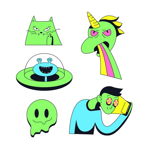 Hand drawn funny sticker collection with acid colors