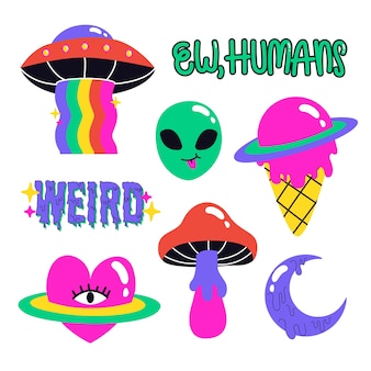 Hand Drawn Funny Sticker Collection With Acid Colors