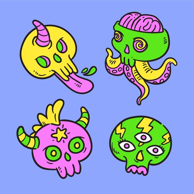 Hand drawn funny sticker pack with acid colors