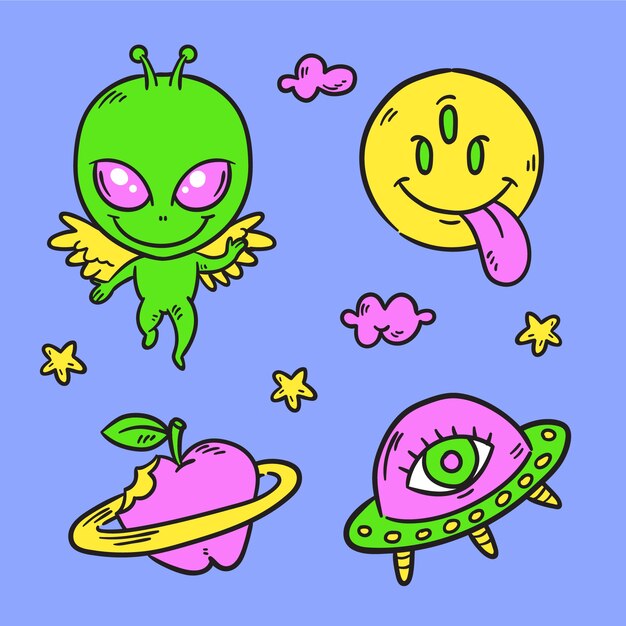 Hand drawn funny sticker set with acid colors