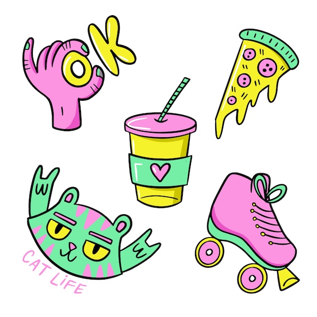 Hand-drawn funny sticker set with acid colors