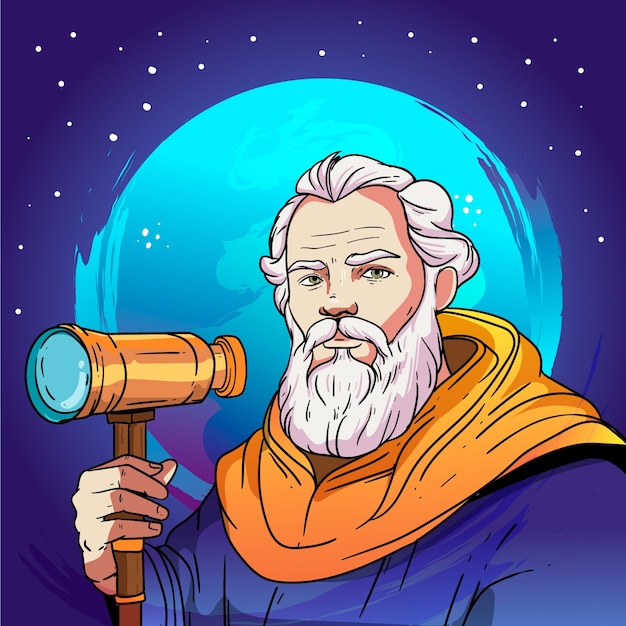 Vettore gratuito illustrazione disegnata a mano di galileo galilei