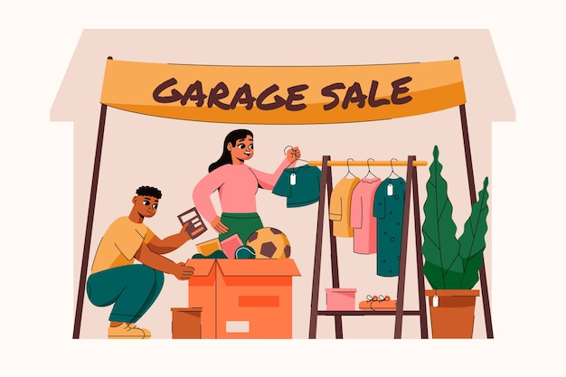 Vettore gratuito illustrazione disegnata a mano di vendita di garage