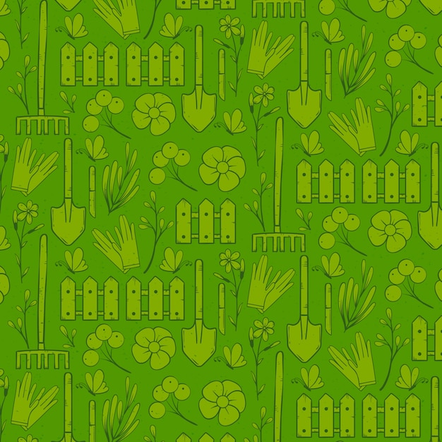 Hand drawn gardening elements green pattern