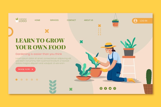 Free vector hand drawn gardening landing page template