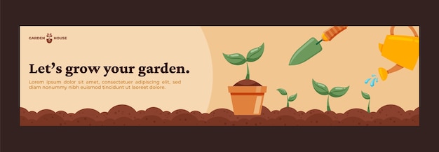 Hand drawn gardening twitch banner with plants and tool