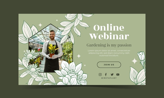 Modello di webinar di giardinaggio disegnato a mano