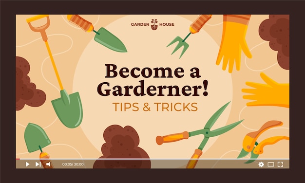 Free vector hand drawn gardening youtube thumbnail with tools