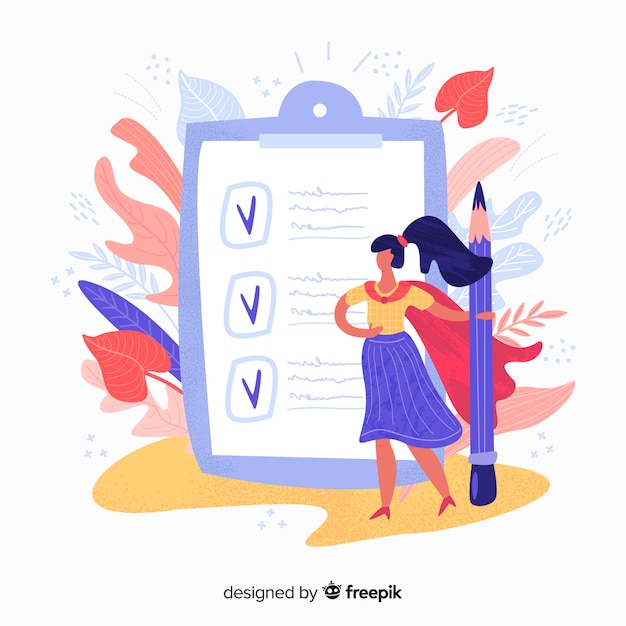 Free vector hand drawn giant checklist with leaves and woman illustration