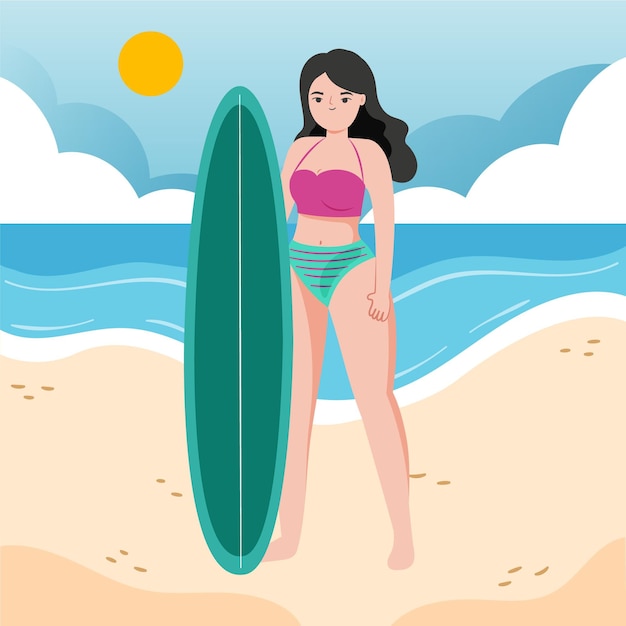 Hand drawn girl in bikini on the beach illustration