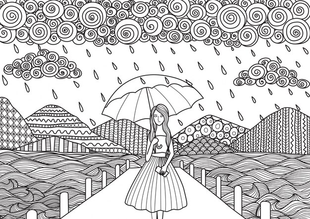 Hand drawn girl under the rain