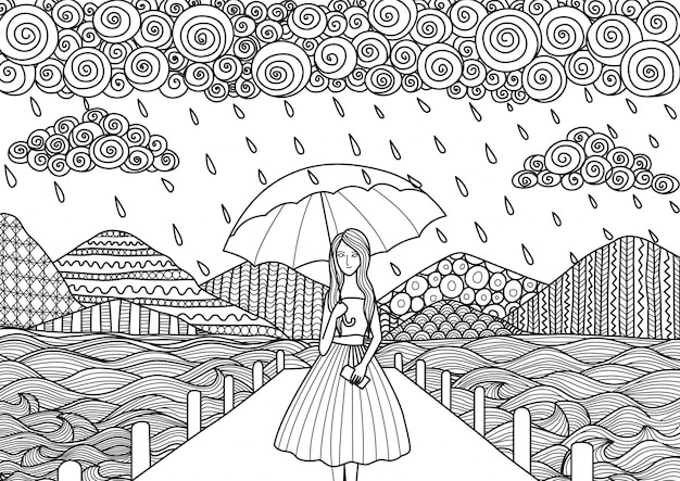 Hand drawn girl under the rain