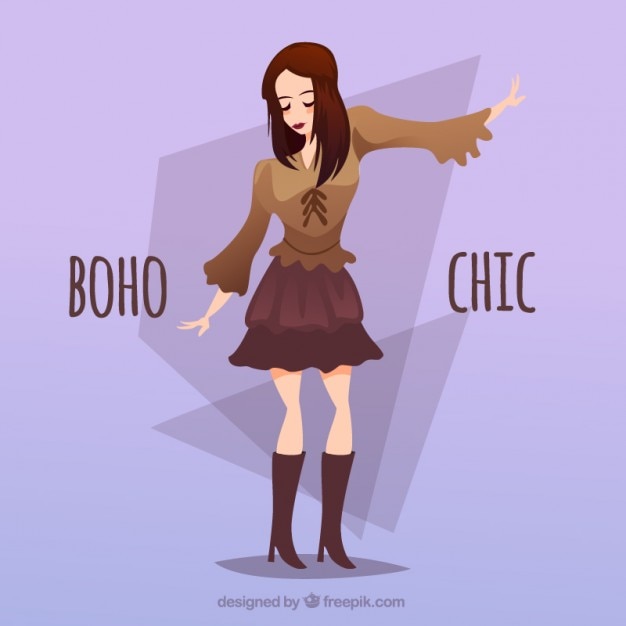 무료 벡터 귀여운 부츠와 boho 드레스 손으로 그린 소녀