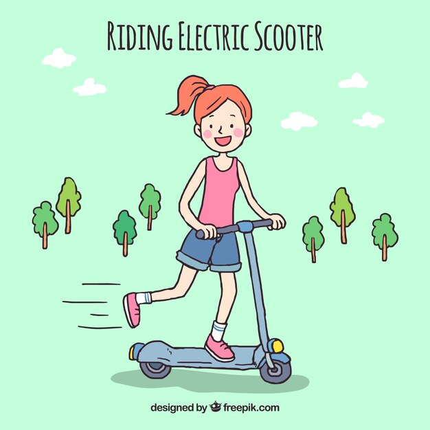 Hand drawn girl with electric scooter