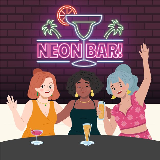 hand drawn girls night party neon illustration