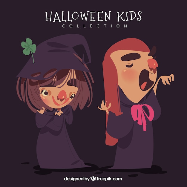 Hand drawn girls with halloween costumes