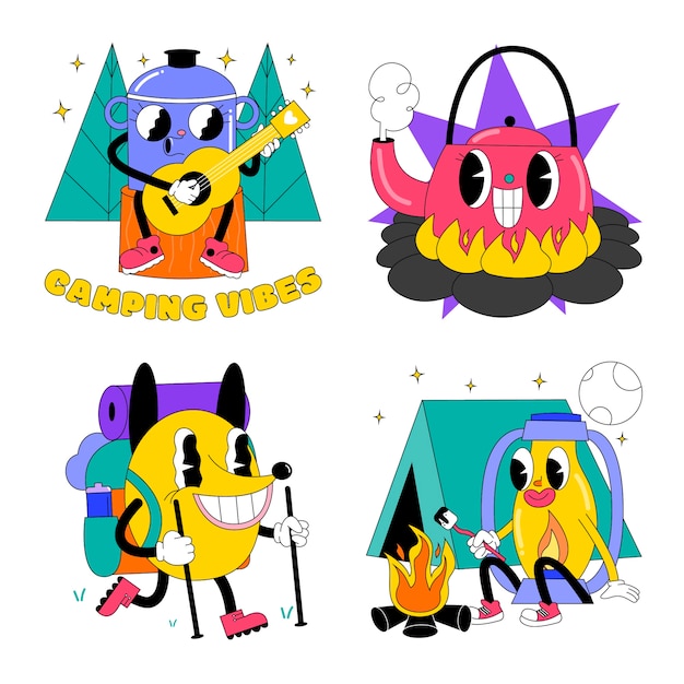 Free vector hand drawn glitzy camping sticker set