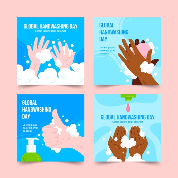 Vettore gratuito collezione di post di instagram per la giornata mondiale del lavaggio delle mani disegnata a mano