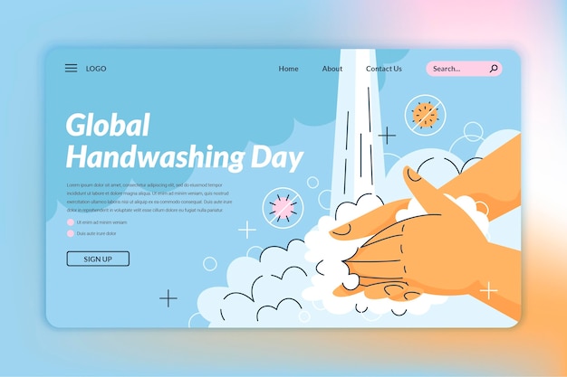 Бесплатное векторное изображение Нарисованный рукой глобальный шаблон целевой страницы дня мытья рук