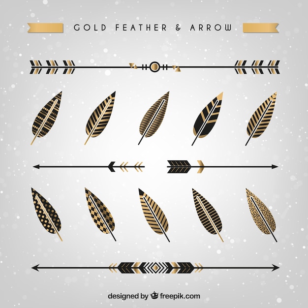 Free vector hand drawn gold feathers and arrows