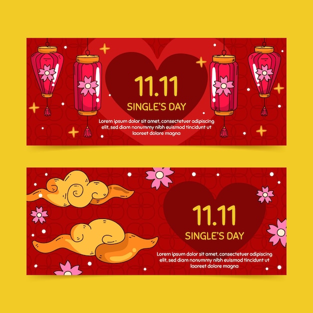 Free vector hand drawn golden and red single's day horizontal banners set